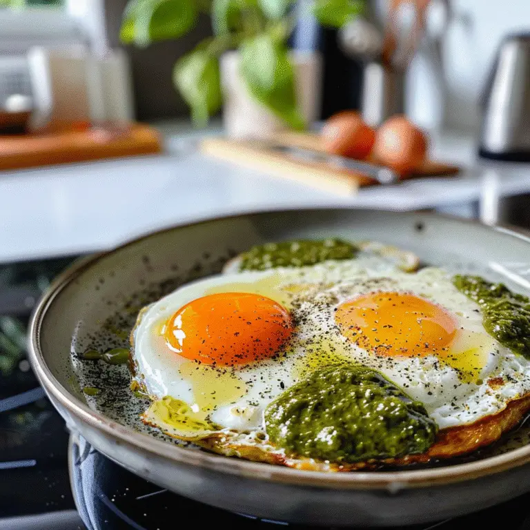Savory and colorful pesto fried eggs perfect for breakfast or brunch.
