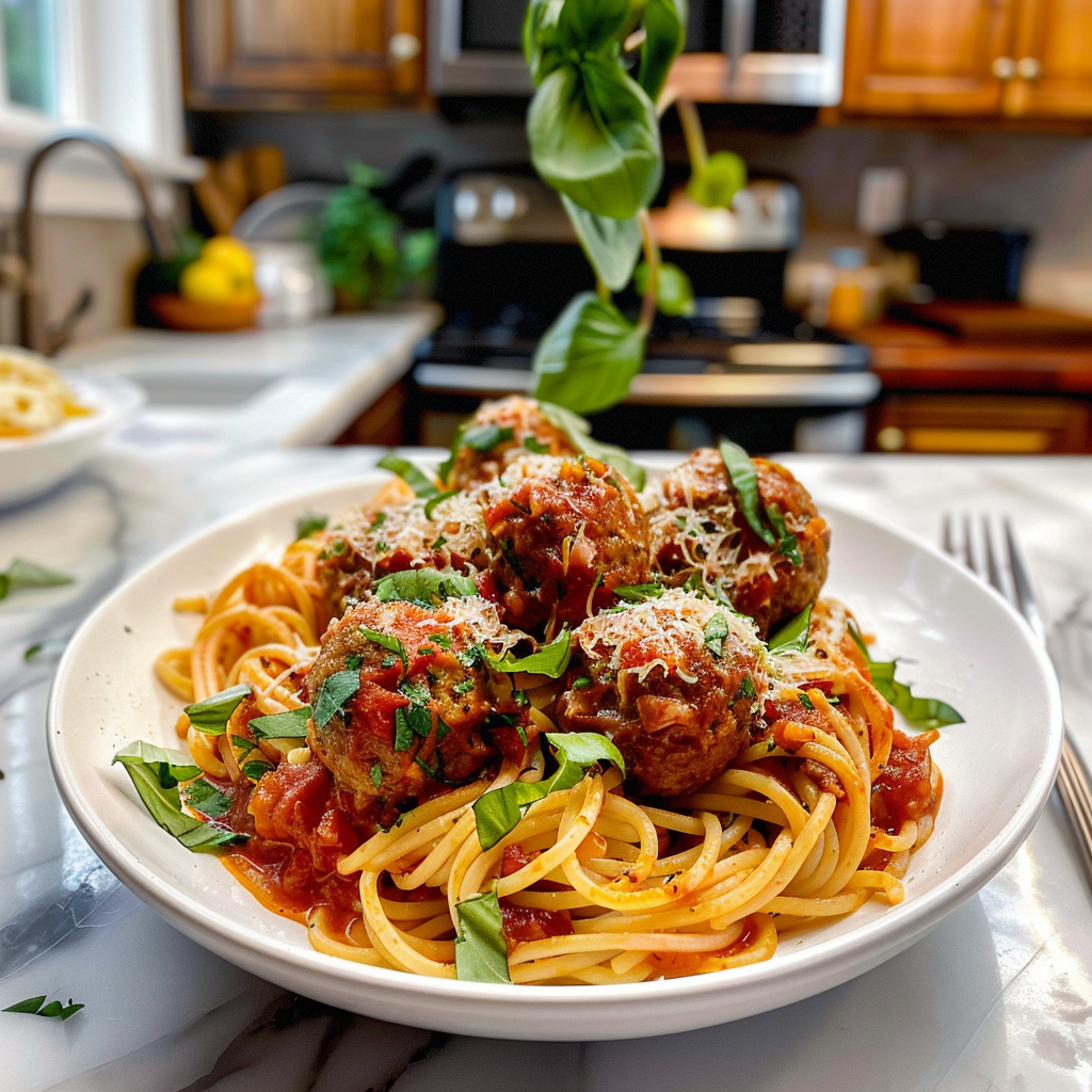 Spaghetti and Meatballs on a Plate
