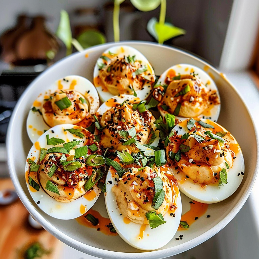 Spicy Chili Garlic Deviled Eggs
