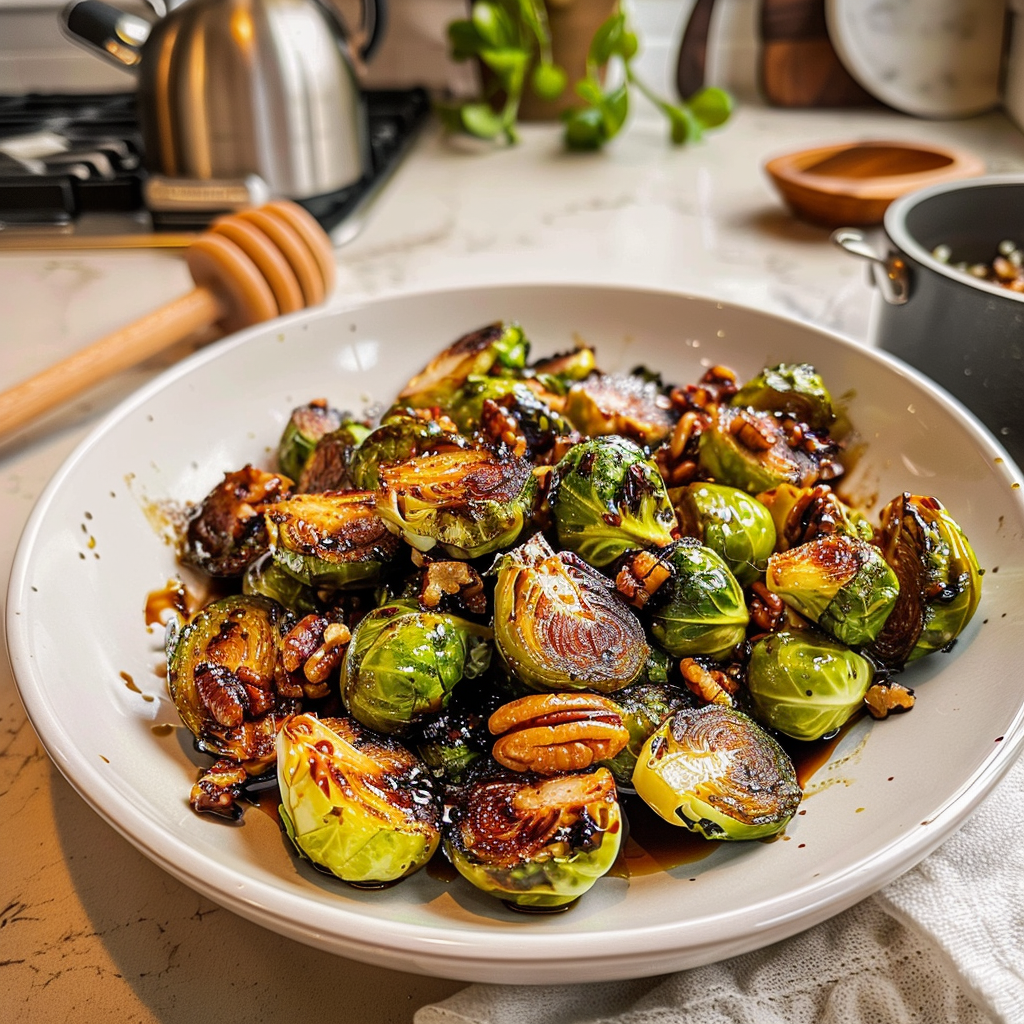 Honey Balsamic Brussels Sprouts with Pecans