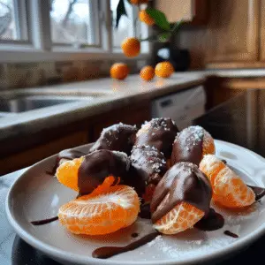 Delicious dark chocolate dipped clementines perfect for a sweet treat or dessert.