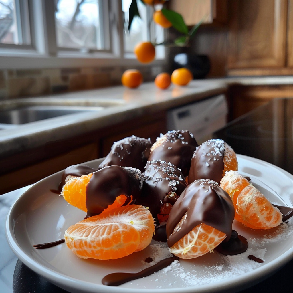 Delicious dark chocolate dipped clementines perfect for a sweet treat or dessert.
