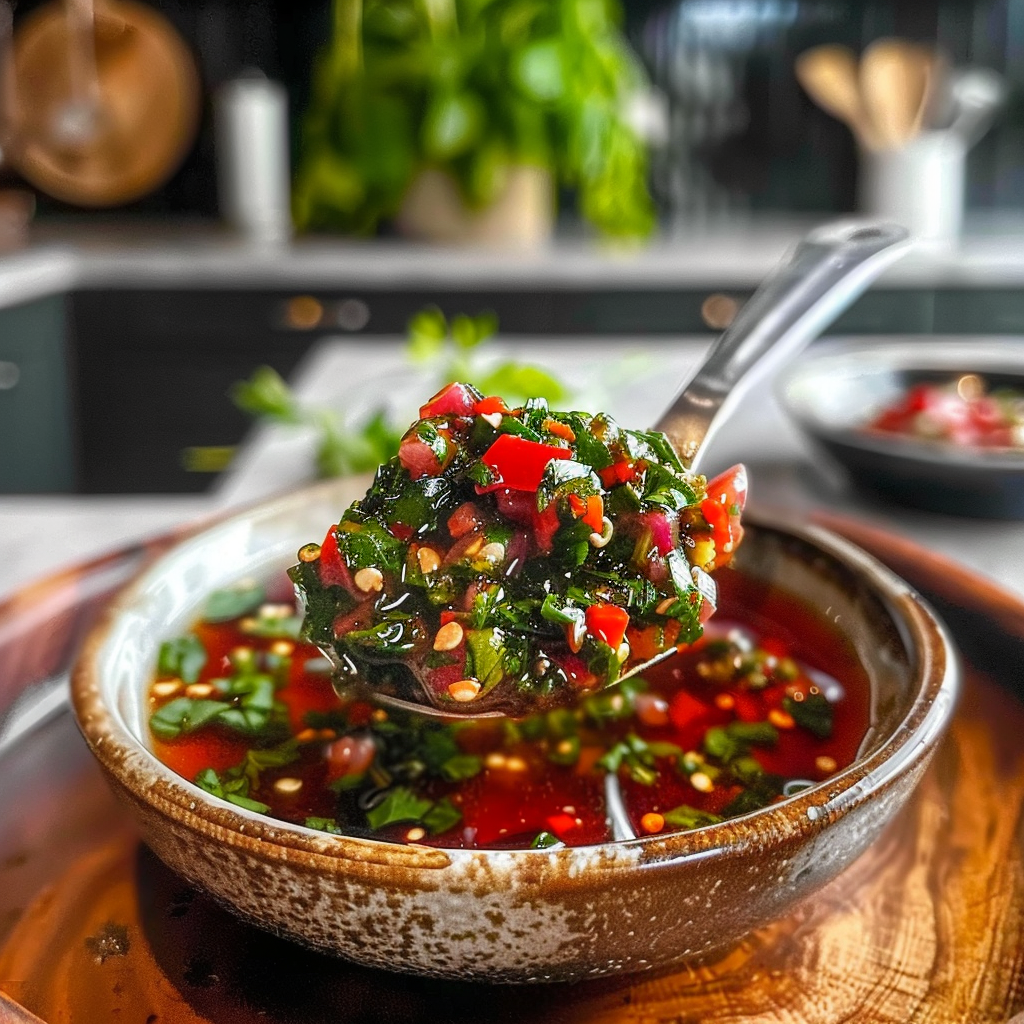 Vibrant Red Chimichurri Sauce in a Bowl